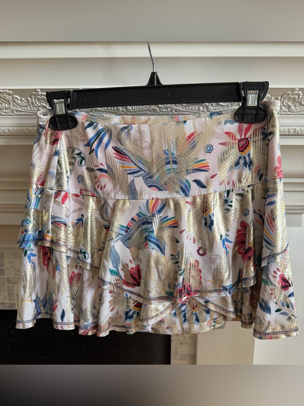 Lucky in Love Metallic Floral Tiered Mini Skirt in White and Gold